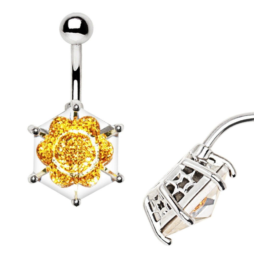 Stainless Steel Captured Golden Flower Faceted Glass Navel Ring