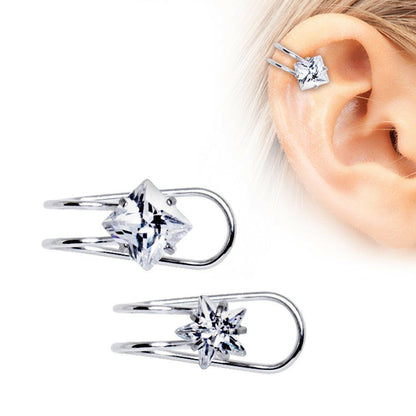 Stainless Steel Clip-On Cartilage Earring with Multi-Shaped CZ