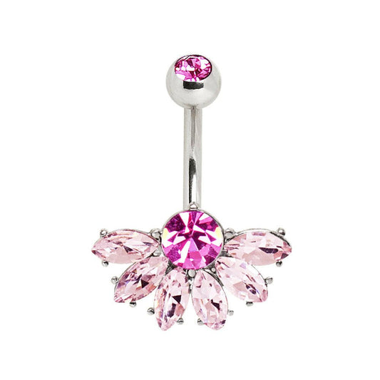 Stainless Steel Deluxe Pink Jeweled Fan Navel Ring