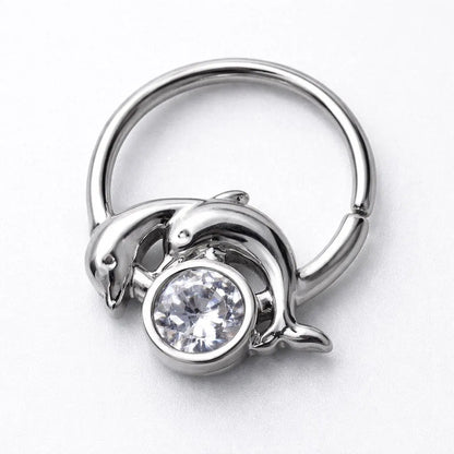 Stainless Steel Dolphins and Moon Seamless Ring / Cartilage Earring