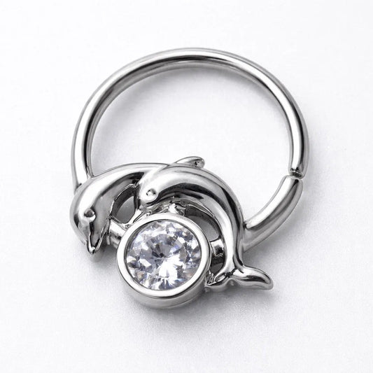 Stainless Steel Dolphins and Moon Seamless Ring / Cartilage Earring - Skin Metals