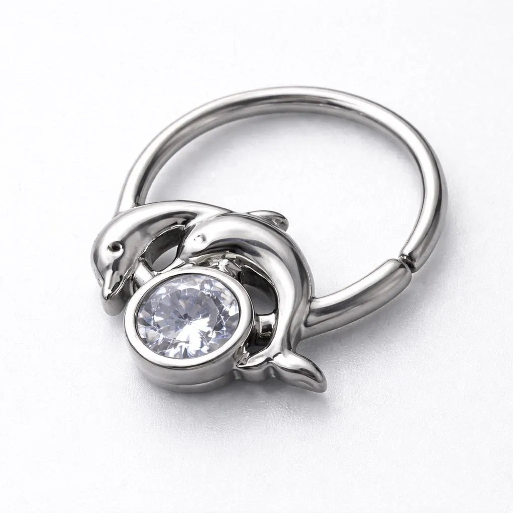 Stainless Steel Dolphins and Moon Seamless Ring / Cartilage Earring