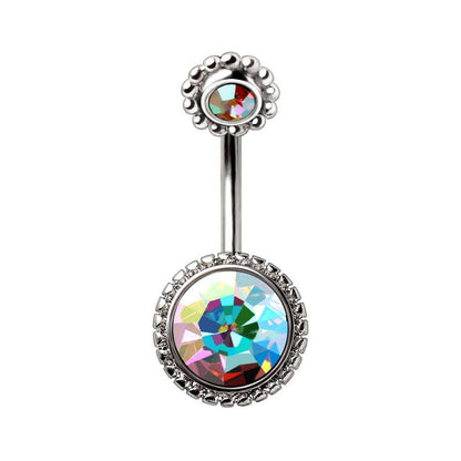 Aurora borealis CZ navel ring on white background, 14G rainbow iridescent 316L stainless steel belly button ring