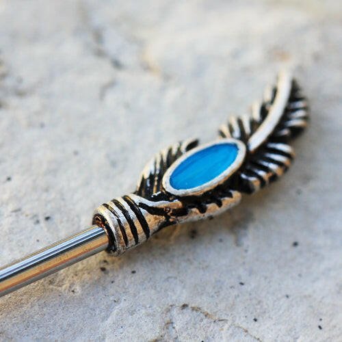 Stainless Steel Feather Nipple Bar with Turquoise Beads Nipple Ring Impulse Piercings