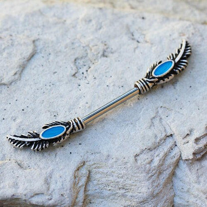 Stainless Steel Feather Nipple Bar with Turquoise Beads Nipple Ring Impulse Piercings