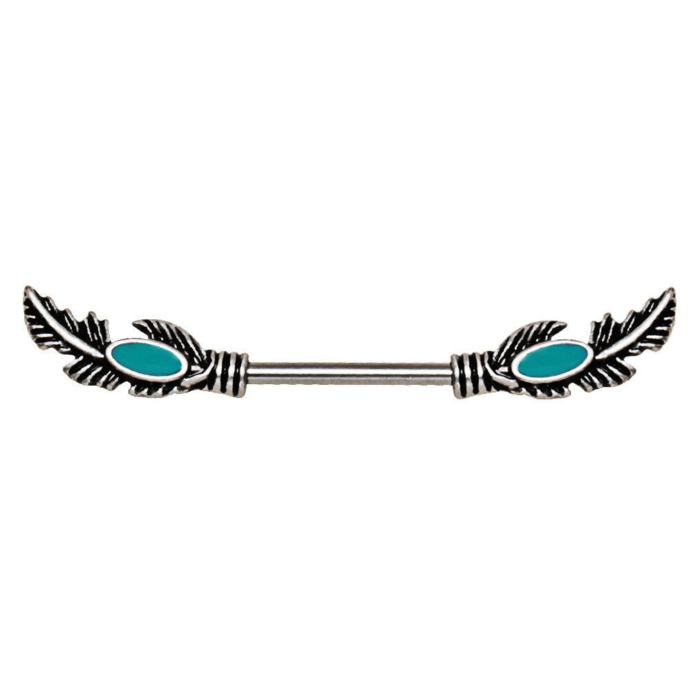 Stainless Steel Feather Nipple Bar with Turquoise Beads Nipple Ring Impulse Piercings