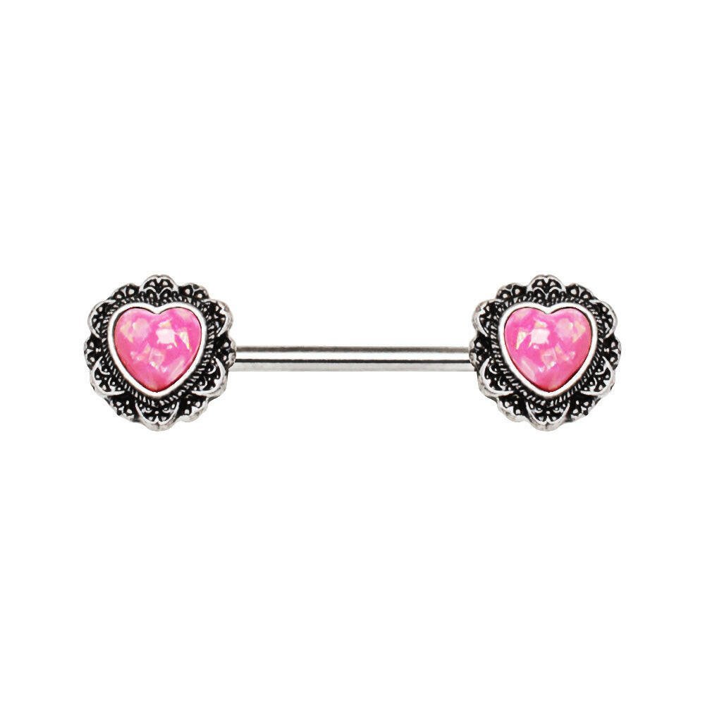 Stainless Steel Filigree Synthetic Opal Heart Nipple Bar Nipple Ring Impulse Piercings Pink Opal