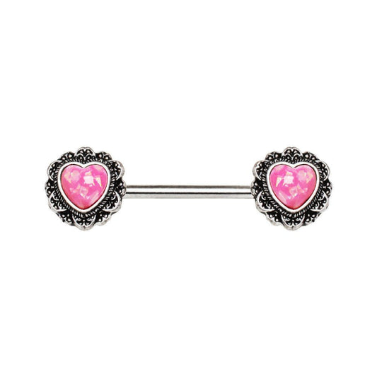 Stainless Steel Filigree Synthetic Opal Heart Nipple Bar Nipple Ring Impulse Piercings Pink Opal