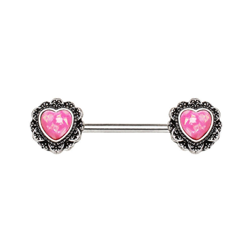 Stainless Steel Filigree Synthetic Opal Heart Nipple Bar Nipple Ring Impulse Piercings Pink Opal