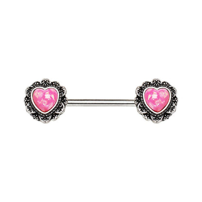 Stainless Steel Filigree Synthetic Opal Heart Nipple Bar Nipple Ring Impulse Piercings Pink Opal