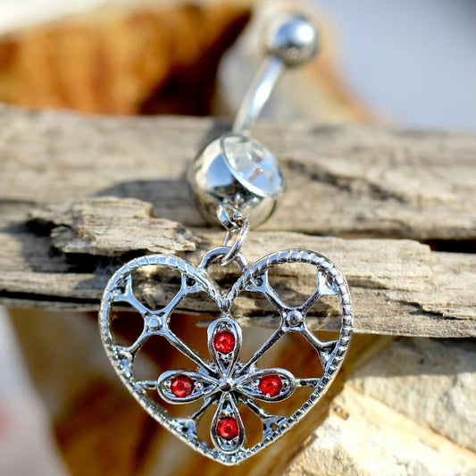Stainless Steel Floral Heart Dangle Navel Ring Navel Ring Impulse Piercings