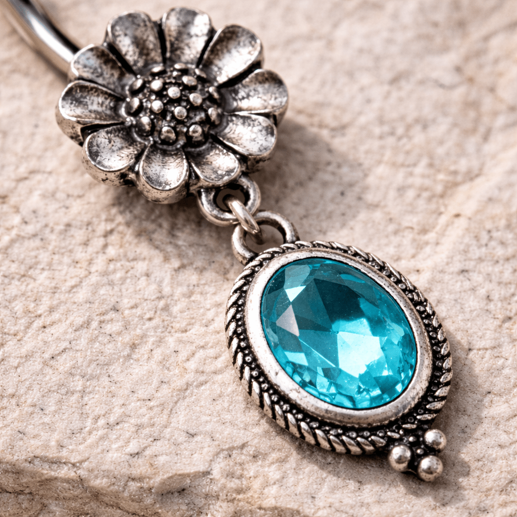 Stainless Steel Flower and Aqua Pendant Dangle Navel Ring - Skin Metals