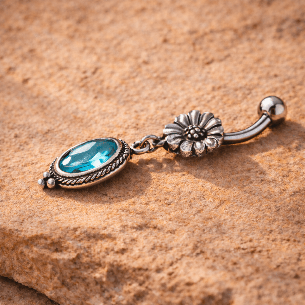 Stainless Steel Flower and Aqua Pendant Dangle Navel Ring - Skin Metals