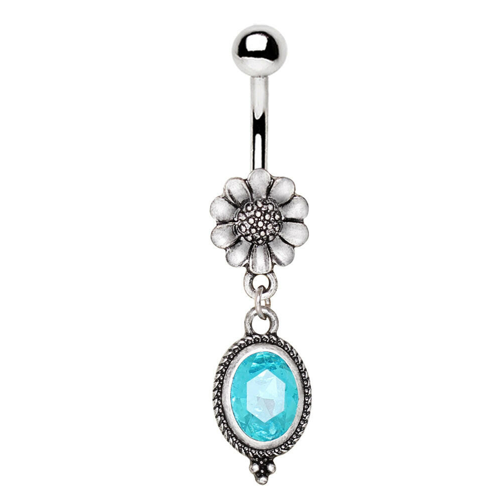 Stainless Steel Flower and Aqua Pendant Dangle Navel Ring Navel Ring Impulse Piercings