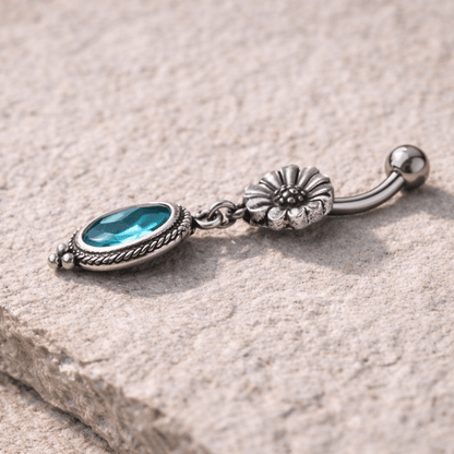 Stainless Steel Flower and Aqua Pendant Dangle Navel Ring - Skin Metals
