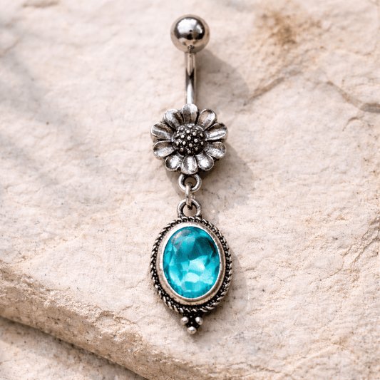 Stainless Steel Flower and Aqua Pendant Dangle Navel Ring - Skin Metals