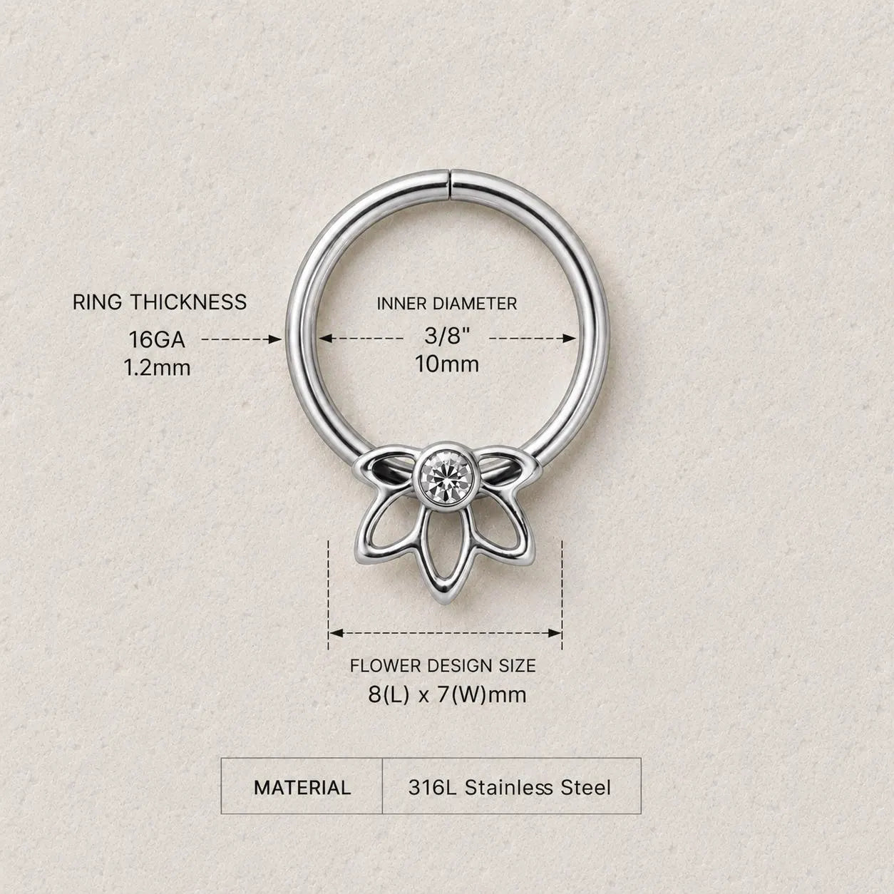 Stainless Steel Flower Snap-in Captive Bead Ring