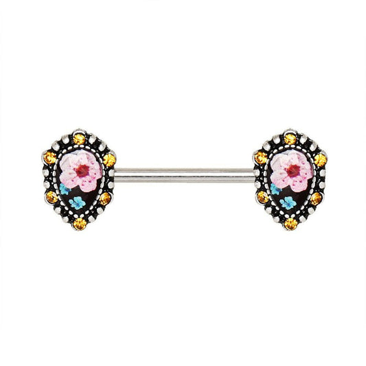 Pink Flower Nipple Rings 14G Teardrop Pendant CZ Nipple Barbell 316L Surgical Steel Pair