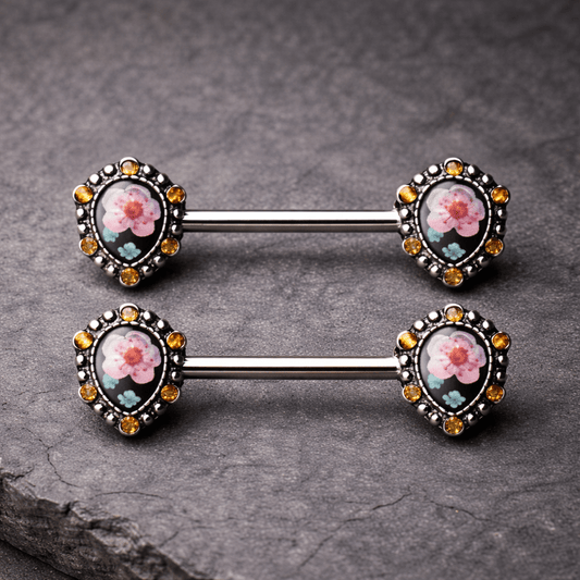 Stainless Steel Flower Teardrop Pendant Nipple Bar Nipple Ring Skin Metals