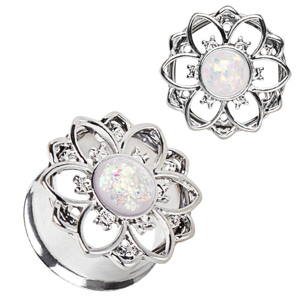 Stainless Steel Flower Tunnel Plug with White Synthetic Opal Plugs Impulse Piercings 0 gauge (8mm)