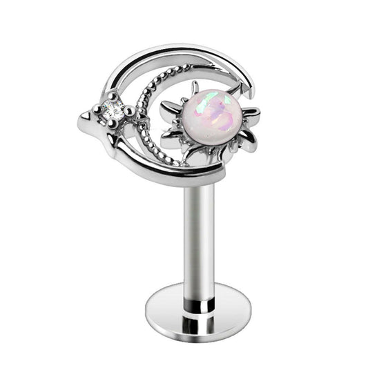 Galaxy Labret Stud 16G Opal CZ Sun Moon Star Flat Back Cartilage Lip Earring 316L Steel