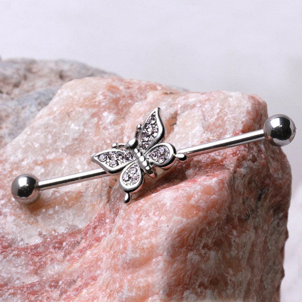 Stainless Steel Glittering Butterfly Industrial Barbell Industrial Barbell Impulse Piercings