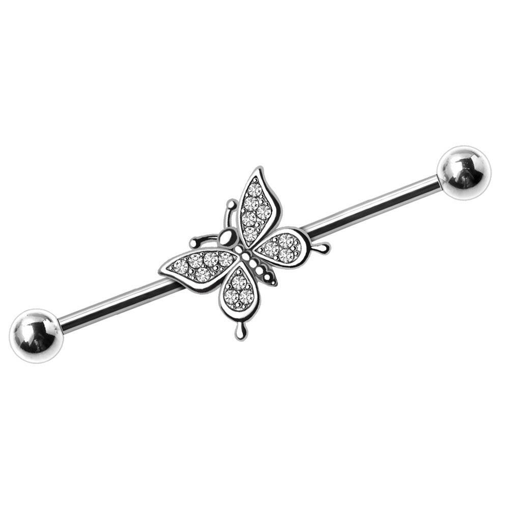 Stainless Steel Glittering Butterfly Industrial Barbell Industrial Barbell Impulse Piercings