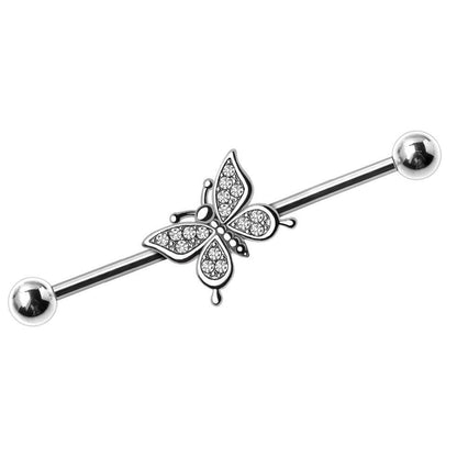 Stainless Steel Glittering Butterfly Industrial Barbell Industrial Barbell Impulse Piercings