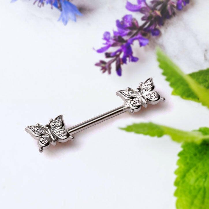 Stainless Steel Glittering Butterfly Nipple Bar Nipple Ring Impulse Piercings