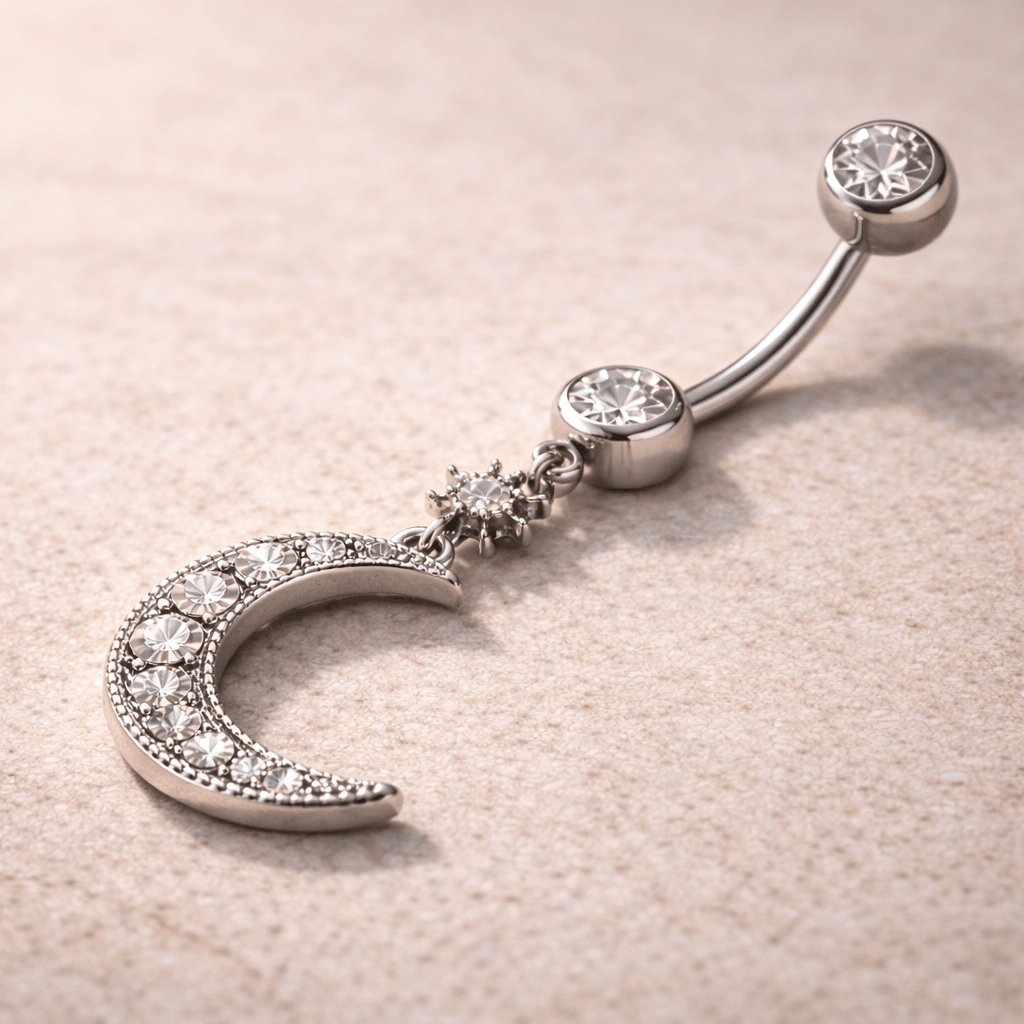 Stainless Steel Glittering Moon & Star Dangle Navel Ring - Skin Metals