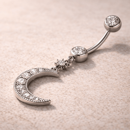 Stainless Steel Glittering Moon & Star Dangle Navel Ring - Skin Metals