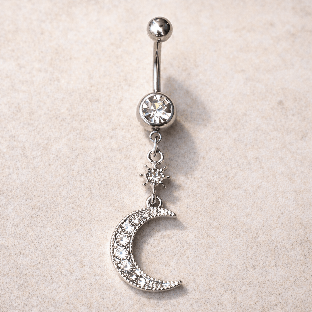 Stainless Steel Glittering Moon & Star Dangle Navel Ring - Skin Metals