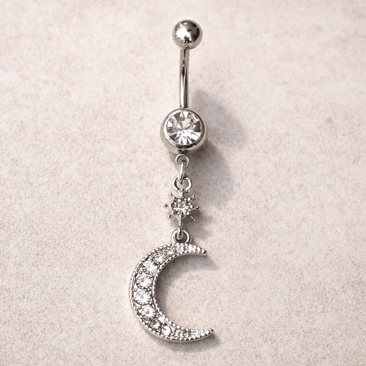 Stainless Steel Glittering Moon & Star Dangle Navel Ring - Skin Metals