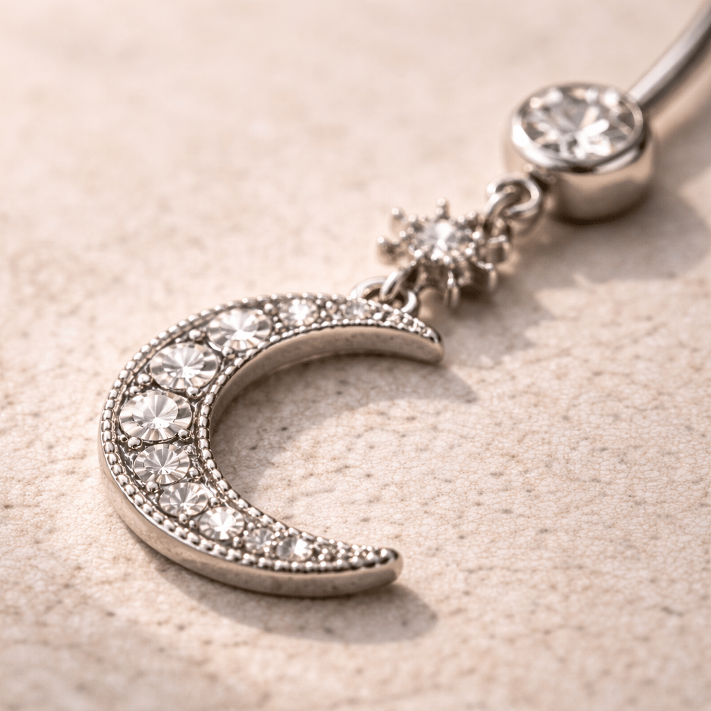 Stainless Steel Glittering Moon & Star Dangle Navel Ring - Skin Metals