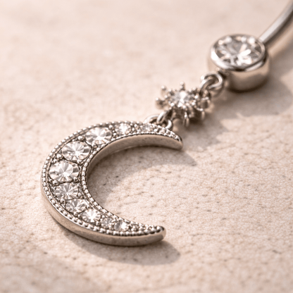 Stainless Steel Glittering Moon & Star Dangle Navel Ring - Skin Metals