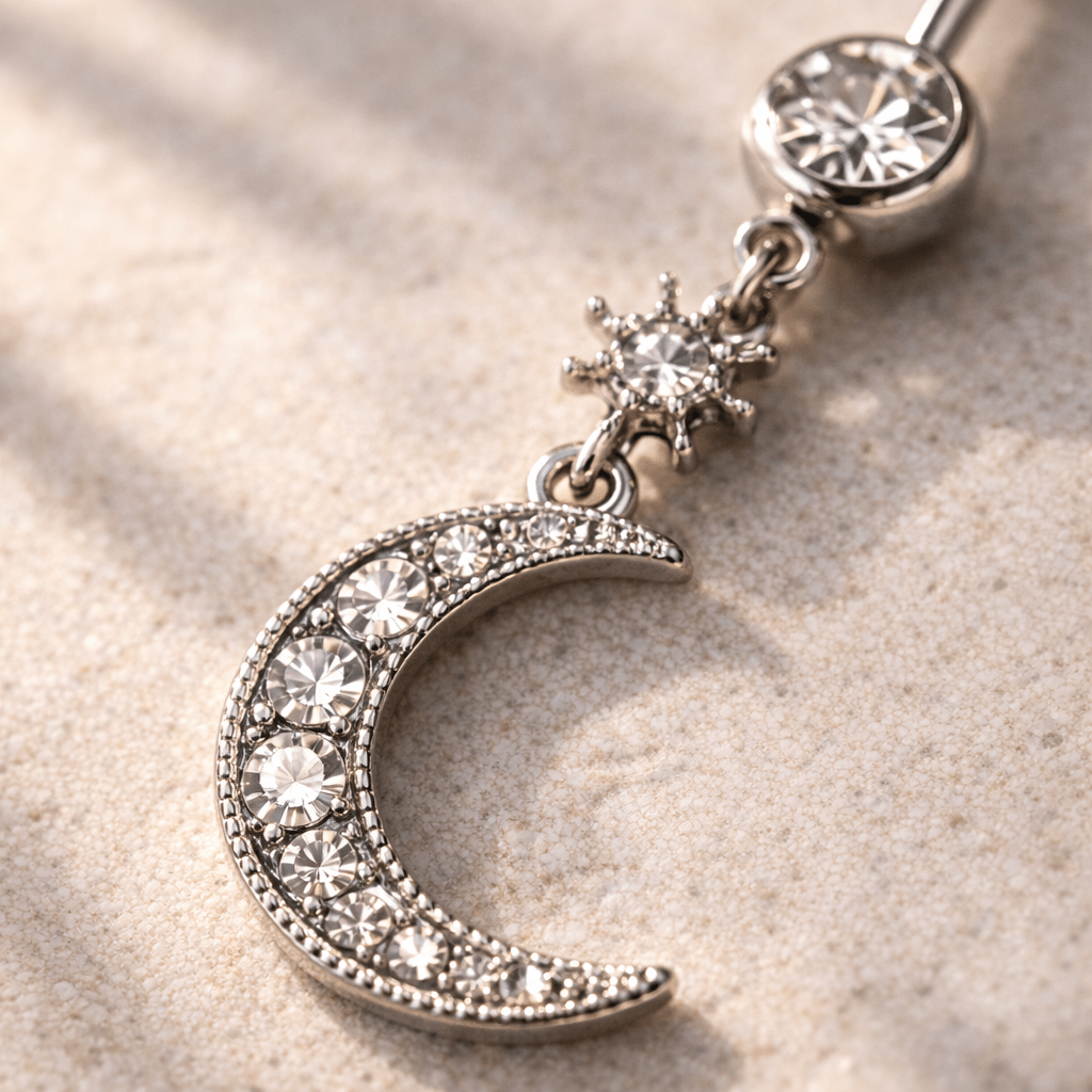 Stainless Steel Glittering Moon & Star Dangle Navel Ring - Skin Metals