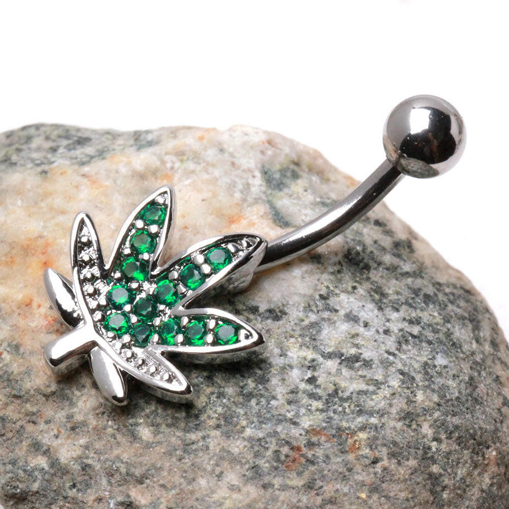 Stainless Steel Glittering Pot Leaf Navel Ring