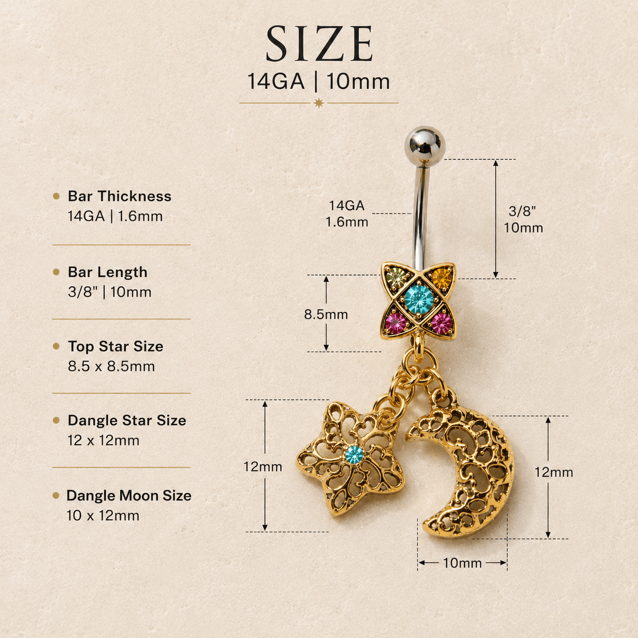 Stainless Steel Golden Moon & Star Dangle Navel Ring