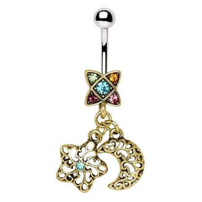 Stainless Steel Golden Moon & Star Dangle Navel Ring