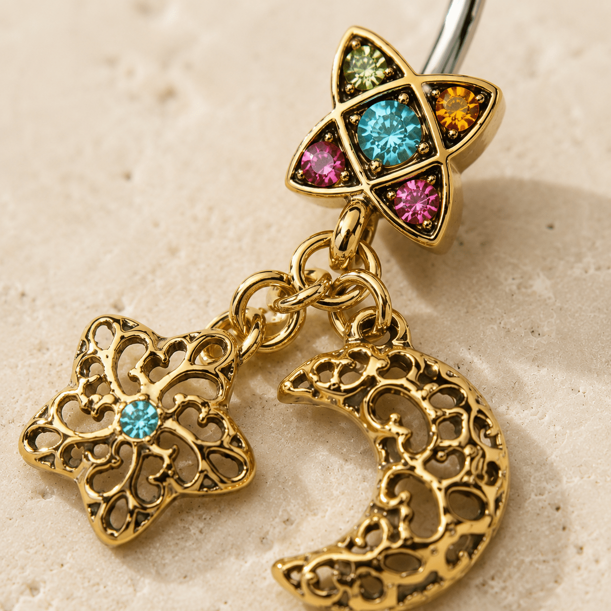 Stainless Steel Golden Moon & Star Dangle Navel Ring