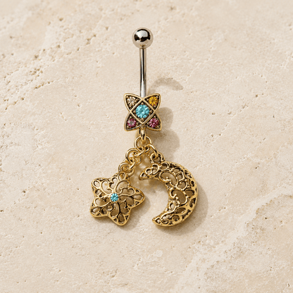 Stainless Steel Golden Moon & Star Dangle Navel Ring