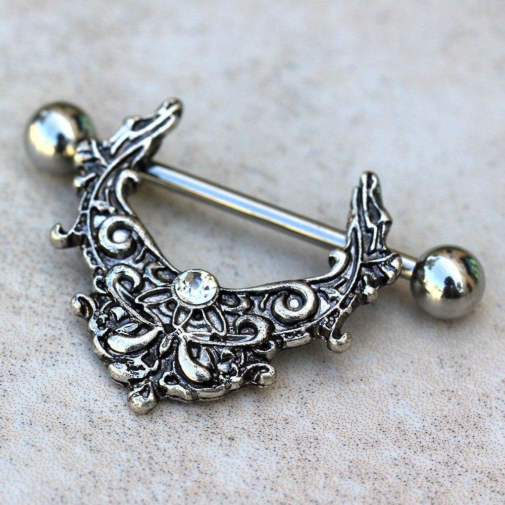 Stainless Steel Gothic Owl on the Moon Skeleton Key Nipple Bar Nipple Ring Impulse Piercings