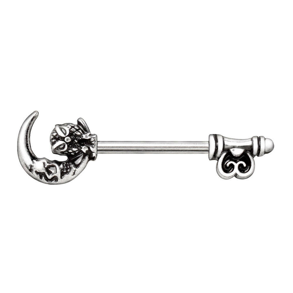 Gothic owl moon skeleton key nipple bar pair on white background, 14G 316L stainless steel alternative jewelry