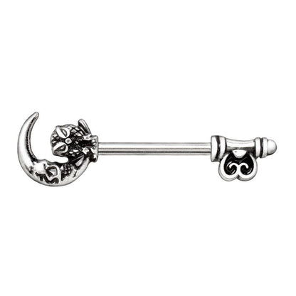 Gothic owl moon skeleton key nipple bar pair on white background, 14G 316L stainless steel alternative jewelry