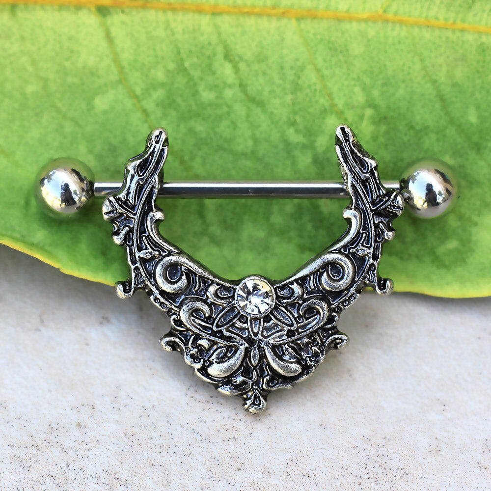 Stainless Steel Gothic Owl on the Moon Skeleton Key Nipple Bar Nipple Ring Impulse Piercings