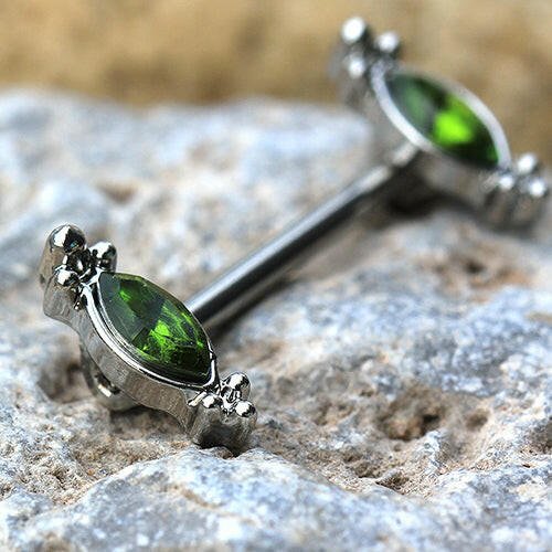 Stainless Steel Green Ornate Nipple Bar Nipple Ring Impulse Piercings