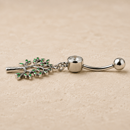 Stainless Steel Green Tree of Life Dangle Navel Ring - Skin Metals