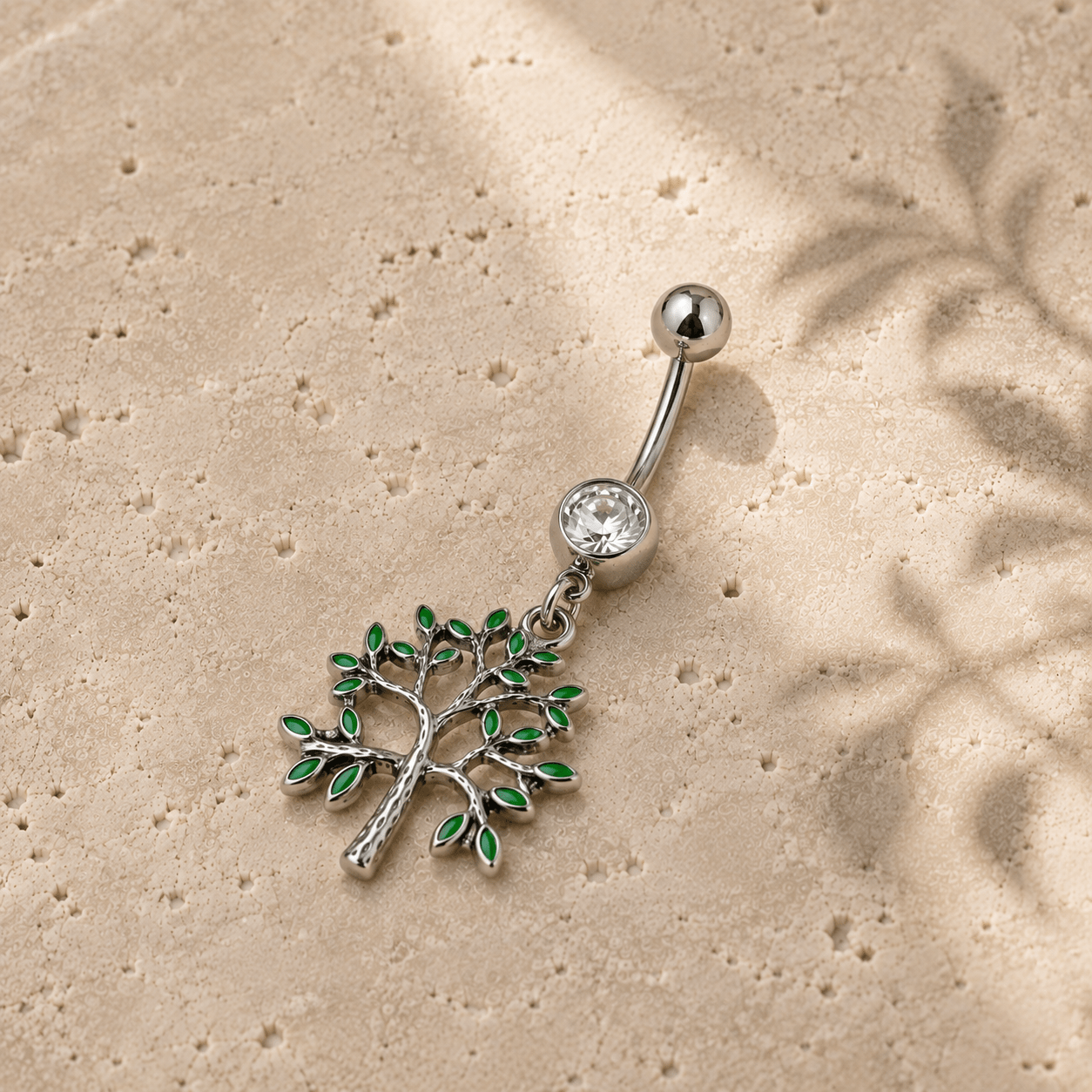 Stainless Steel Green Tree of Life Dangle Navel Ring - Skin Metals