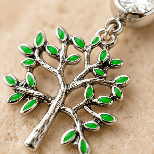 Stainless Steel Green Tree of Life Dangle Navel Ring - Skin Metals