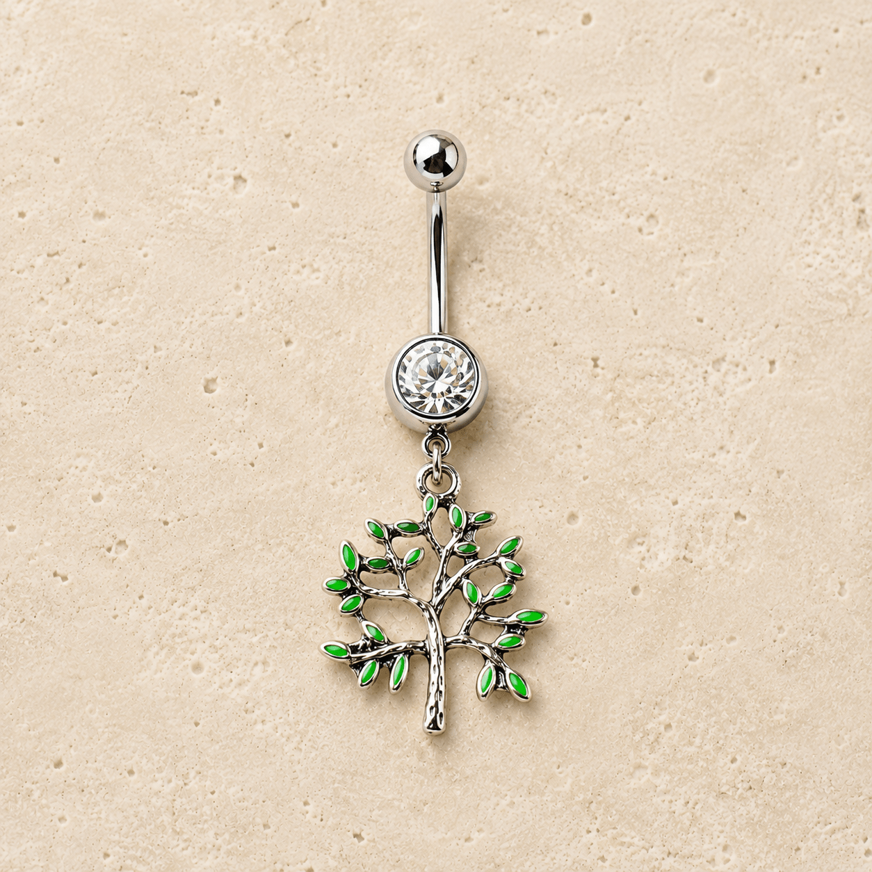 Stainless Steel Green Tree of Life Dangle Navel Ring - Skin Metals